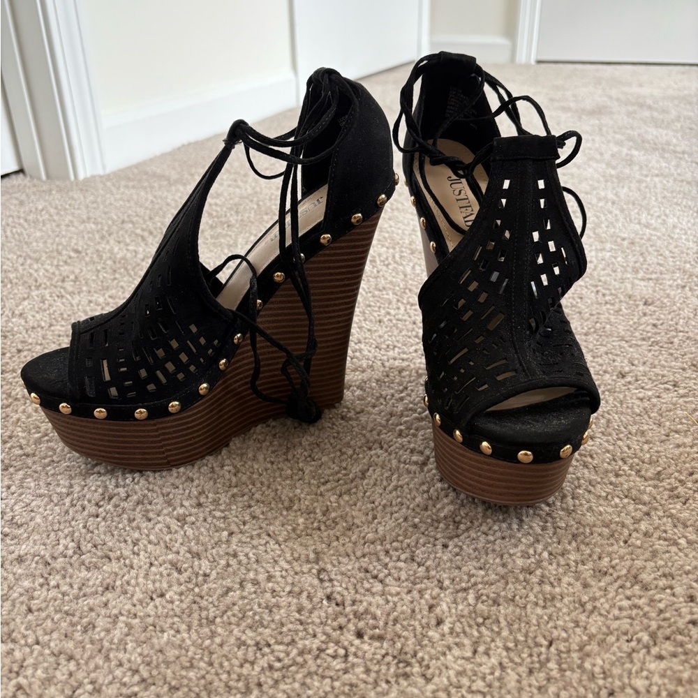 JustFab Black Wedge Sandals with Lace-Up Design